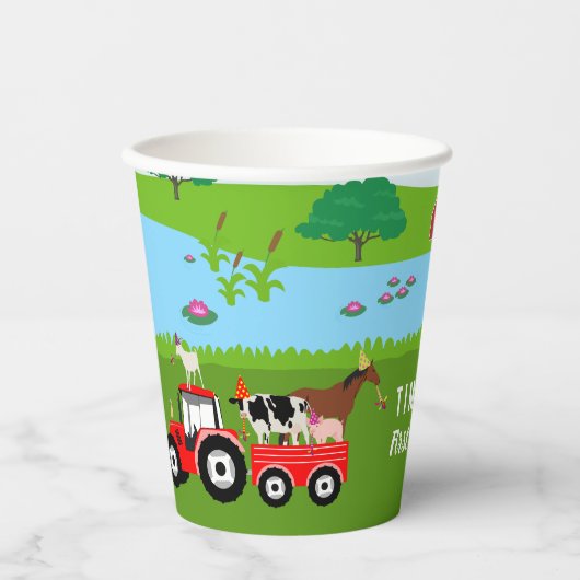 Birthday-thema landbouwhuisdieren en rode trekkers papieren bekers (Voorkant)