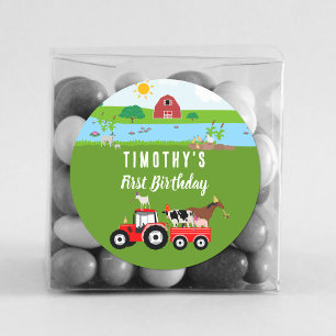 Birthday-thema landbouwhuisdieren en rode trekkers ronde sticker