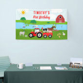 Birthday-thema landbouwhuisdieren en rode trekkers spandoek (Beurs)