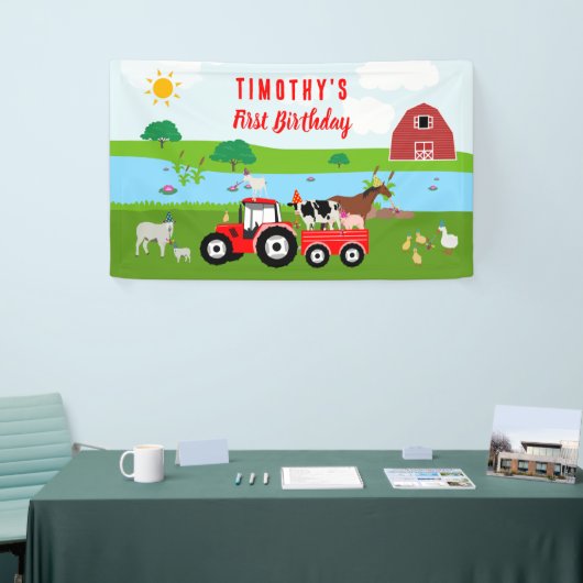 Birthday-thema landbouwhuisdieren en rode trekkers spandoek (Beurs)
