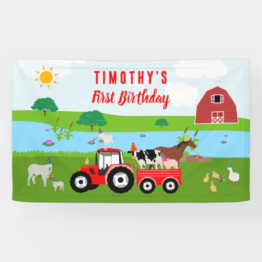 Birthday-thema landbouwhuisdieren en rode trekkers spandoek (Horizontaal)