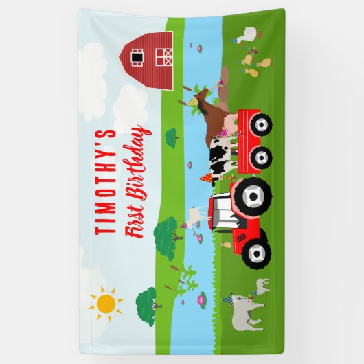 Birthday-thema landbouwhuisdieren en rode trekkers spandoek (Verticaal)