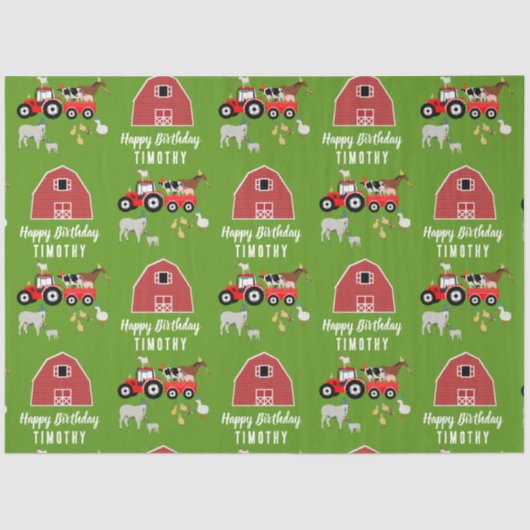 Birthday-thema landbouwhuisdieren en rode trekkers tissuepapier (Voorkant)