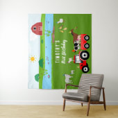 Birthday-thema landbouwhuisdieren en rode trekkers wandkleed (In situ)