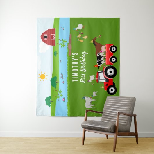 Birthday-thema landbouwhuisdieren en rode trekkers wandkleed (In situ)