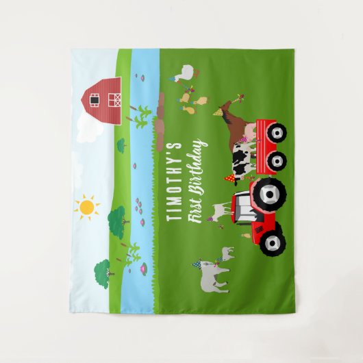 Birthday-thema landbouwhuisdieren en rode trekkers wandkleed (Voorkant)