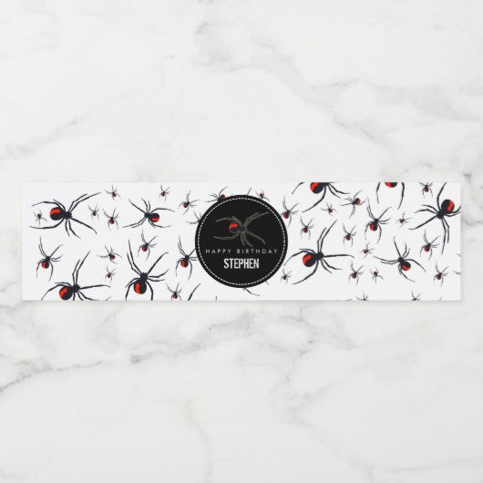 Birthday-thema Rode en zwarte spin Waterfles Etiket (Enkel label)