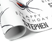 Birthday-thema Rode & zwarte spin & naam Cadeaupapier (Rol Hoek)
