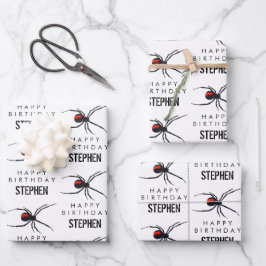 Birthday-thema Rode & zwarte spin & naam Inpakpapier Vel