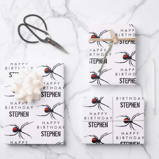 Birthday-thema Rode & zwarte spin & naam Inpakpapier Vel (Voorkant)