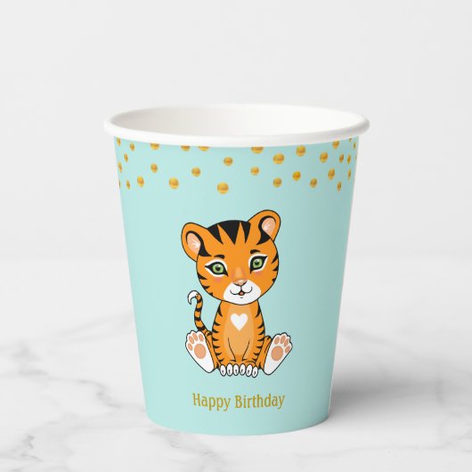 Birthday Tiger Cartoon & Gold Confetti Party Papieren Bekers (Achterkant)