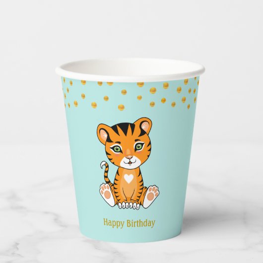Birthday Tiger Cartoon & Gold Confetti Party Papieren Bekers (Voorkant)
