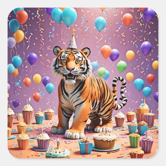 Birthday Tiger Vierkante Sticker (Voorkant)
