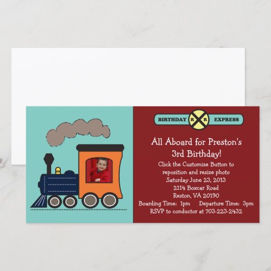 Birthday Train Photo Invitation - Red/Blue (Voorkant / Achterkant)