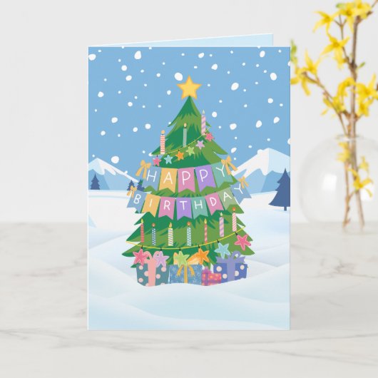 Birthday Tree Kaart - Vrolijk Kerstfeest & Verjaar (Gele Bloem)