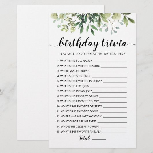 Birthday Trivia editable game (Voorkant / Achterkant)