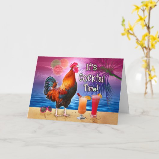 Birthday Tropical Funny Rooster Cocktails Beach Kaart (Gele Bloem)