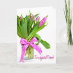 Birthday Tulips for Friend Kaart<br><div class="desc">Heldere roze tulpen in vase met polka stik voor Friend.</div>