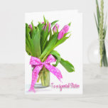 Birthday Tulips for Sister Kaart<br><div class="desc">Heldere roze tulpen in vase met polka stik voor zuster.</div>