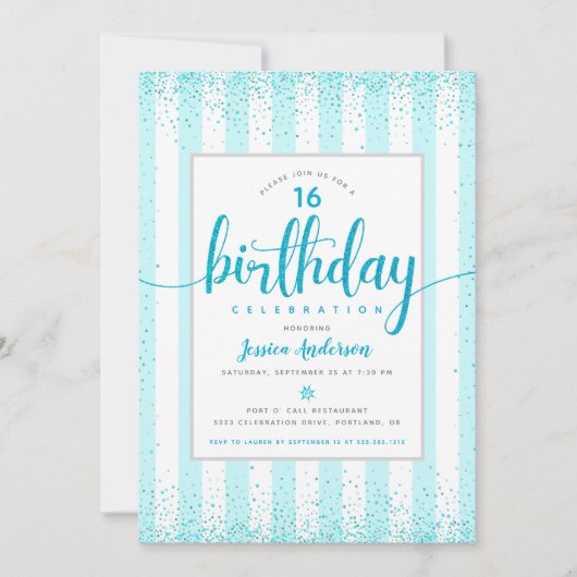 Birthday turquoise glitter stippen script aangepas kaart (Voorkant)