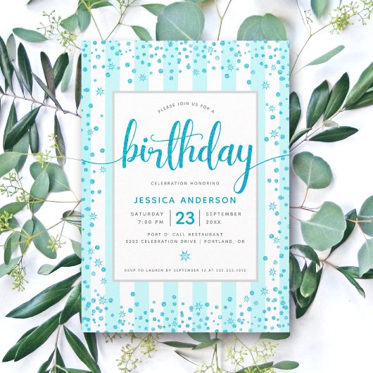 Birthday turquoise modern glitter script stripes kaart