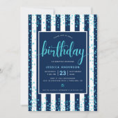 Birthday turquoise script glitter stippen marine w kaart (Voorkant)