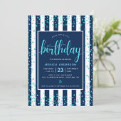 Birthday turquoise script glitter stippen marine w kaart (Staand voorkant)