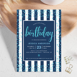 Birthday turquoise script glitter stippen marine w kaart