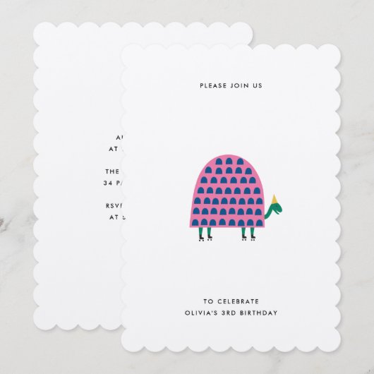 Birthday Turtle Invitation roze Modern Girl Kaart (Voorkant / Achterkant)
