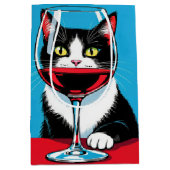 Birthday Tuxedo Cat Looking Through a Wine Glass Medium Cadeauzakje (Voorkant)