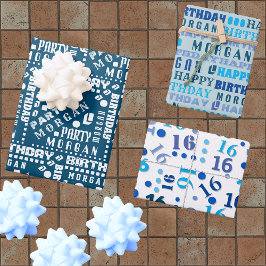 Birthday Typografie Blue Any Age Voeg Kinder naam  Inpakpapier Vel