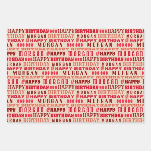 Birthday Typografie Rood Elke leeftijd Kinder naam Inpakpapier Vel (Voorkant 2)