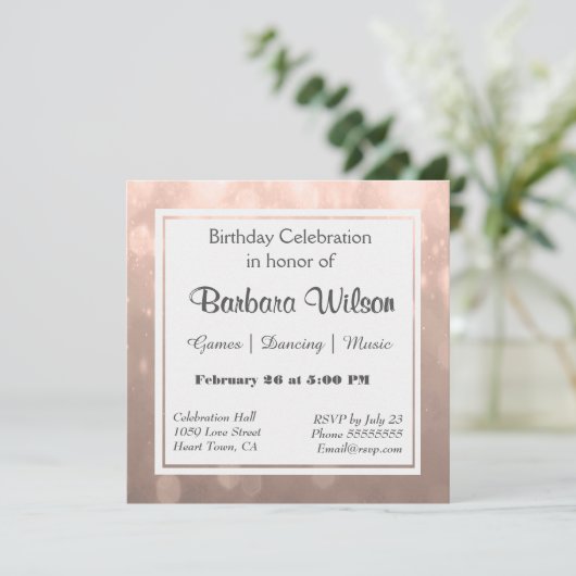 Birthday Uitnodiging | Blush Bokeh (Staand voorkant)