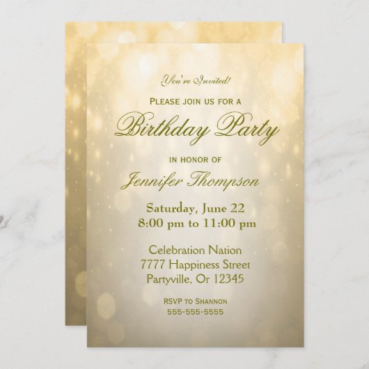 Birthday Uitnodiging | Gold Bokeh (Voorkant / Achterkant)