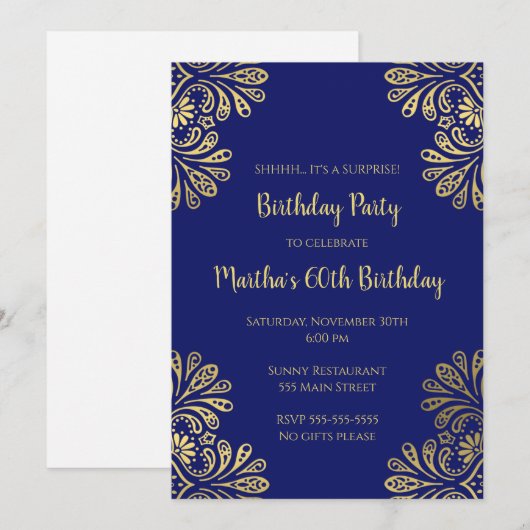 Birthday uitnodiging marineblauw goud elke leeftij (Voorkant / Achterkant)