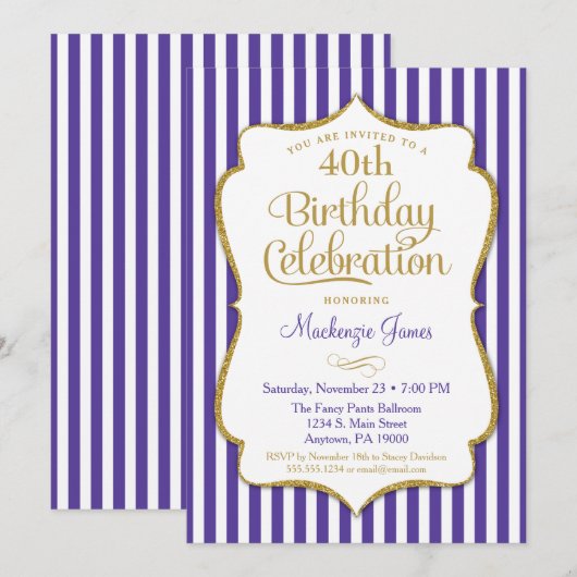 Birthday Uitnodiging Paars Gold Adult White Stripe (Voorkant / Achterkant)