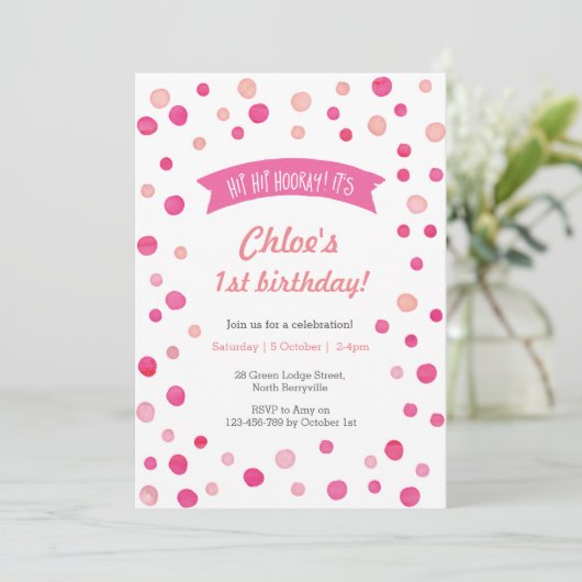 Birthday Uitnodiging | Roze confetti spots (Staand voorkant)