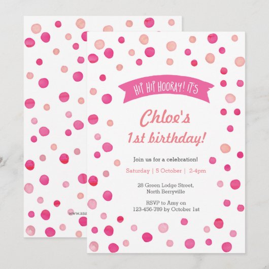 Birthday Uitnodiging | Roze confetti spots (Voorkant / Achterkant)