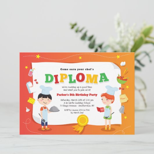 Birthday Uitnodiging tot het koken van diploma's (Staand voorkant)