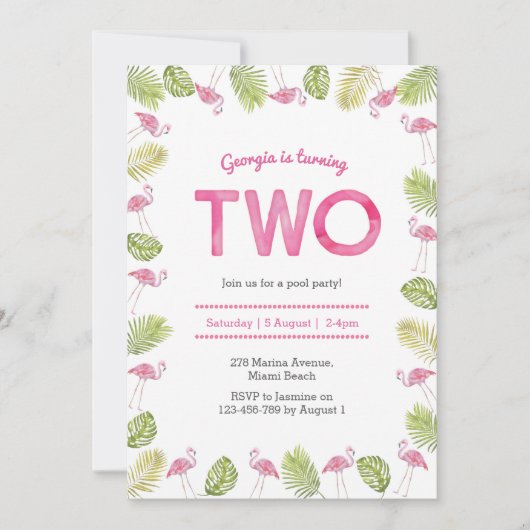 Birthday Uitnodiging | tropische flamingo (Voorkant)