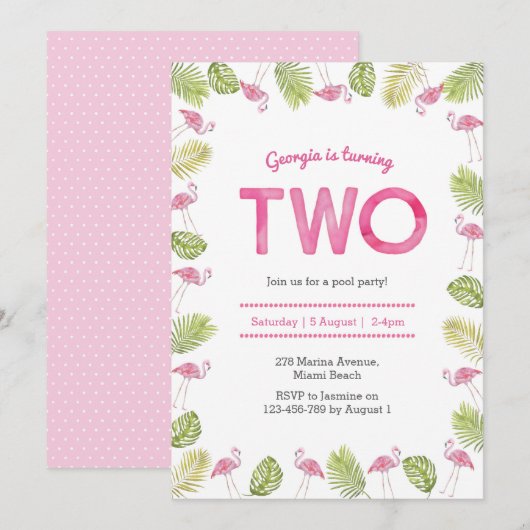 Birthday Uitnodiging | tropische flamingo (Voorkant / Achterkant)