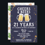 Birthday-uitnodiging van Cheers & Beers Kaart<br><div class="desc">Geschilderde mokken op marineblauwe achtergrond,  "CHEERS & BEERS",  verjaardagsfeestuitnodiging. Pub stijl patroon op de rug functies,  hop,  tarwe,  bierglas,  bier mok en pretzels. De kleur en stijl van het lettertype kunnen worden aangepast.</div>