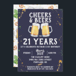 Birthday-uitnodiging van Cheers & Beers Kaart<br><div class="desc">Geschilderde mokken op marineblauwe achtergrond,  "CHEERS & BEERS",  verjaardagsfeestuitnodiging. Pub stijl patroon op de rug functies,  hop,  tarwe,  bierglas,  bier mok en pretzels. De kleur en stijl van het lettertype kunnen worden aangepast.</div>