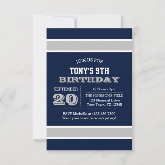 Birthday-uitnodiging van Navy Blue en Silver Team Kaart (Voorkant)