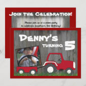 Birthday-uitnodiging van Red Tractor: Foto in Cart Kaart (Voorkant / Achterkant)