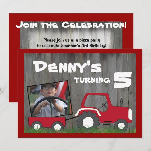 Birthday-uitnodiging van Red Tractor: Foto in Cart Kaart (Voorkant / Achterkant)