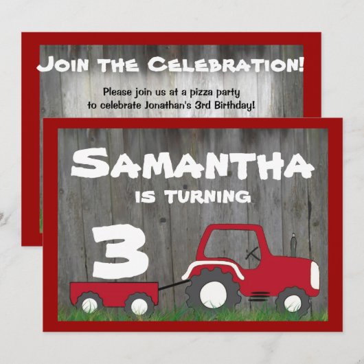 Birthday-uitnodiging van Red Tractor: Leeftijd in Kaart (Voorkant / Achterkant)