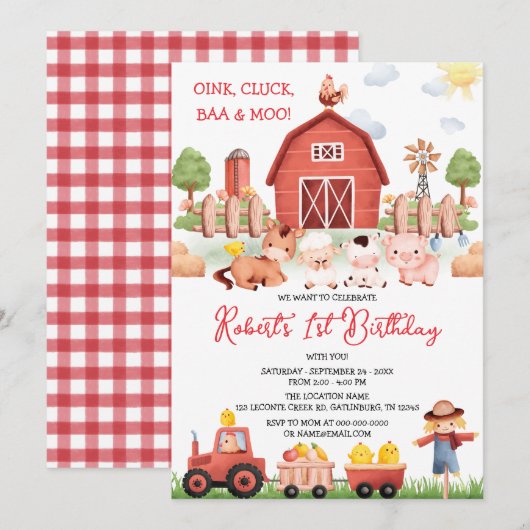 Birthday-uitnodiging voor boerderijdieren kaart (Voorkant / Achterkant)