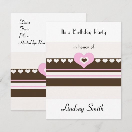 Birthday - uitnodiging voor bruin en roze Stripe (Voorkant / Achterkant)
