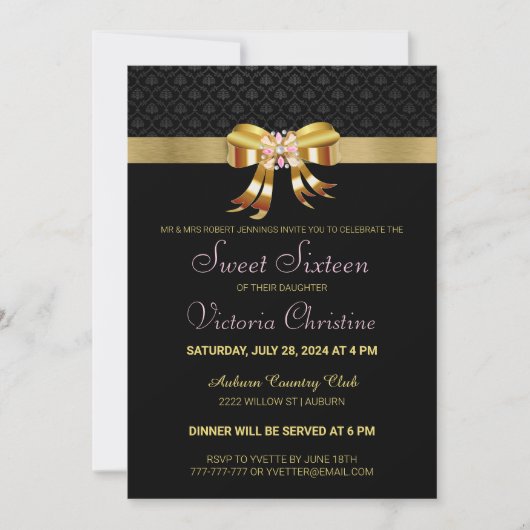 Birthday - uitnodiging voor Chic Gold Ribbon (Voorkant)